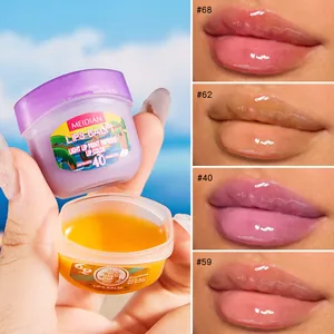 Meidian moisturizing lip balm set with fruit flavors and four color swatches on lips