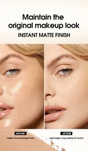 Detail comparison showing matte face powder effect for oil control and pore blurring