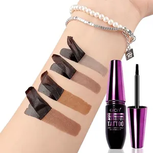 Close-up detail of four peel-off eyebrow gel shades swatched on arm showing texture