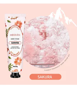 Detail of MEIDIÁN Sakura hand cream 30g featuring floral design and moisturizing formula.