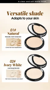 Close-up detail of 01# Natural and 02# Ivory White matte finish setting powder compacts.