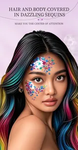 Detailed view of colorful star sequins applied to hair and face for a dazzling look