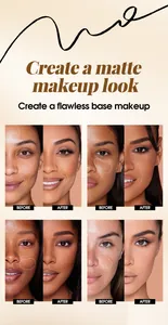 Before and after matte makeup effect comparison for a flawless base on various skin tones