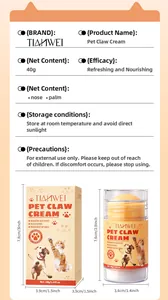 Detail view of 40g pet claw cream packaging with product specifications and dimensions