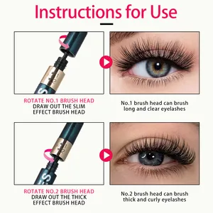 Detailed instruction for a two-step mascara brush head showing long and thick eyelash effects