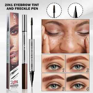 Detail showing eyebrow brush and freckle pen tips with 4-shade result comparison.