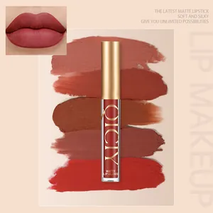 Detail of QICIY matte lip gloss with multi-color swatches and lip application view.