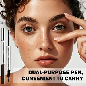 Close-up detail of dual-purpose eyebrow and freckle pen applied on a model's face