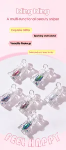 Detailansicht von sechs farbenfrohen bärenförmigen Chamäleon-Flüssiglidschatten mit Glitzer