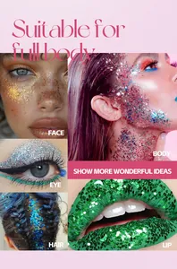 Vista macro detallada que muestra purpurina de maquillaje en la cara, ojos, cabello y cuerpo entero.