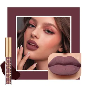 Macro detail of QICIY matte lip gloss showing waterproof texture and deep rose mauve color
