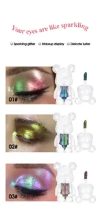 Chameleon-Flüssiglidschatten in Bärenform mit schimmernden Make-up-Effekten am Auge.