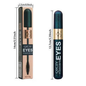 Detailed dimensions of QICIY eyes mascara tube and its packaging box on white background.