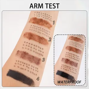 Waterproof arm test showing four shades of dual-head eyebrow gel and freckle pen swatches.