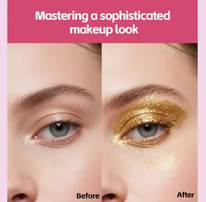 Vista macro de la aplicación de sombra de ojos dorada con efecto antes y después