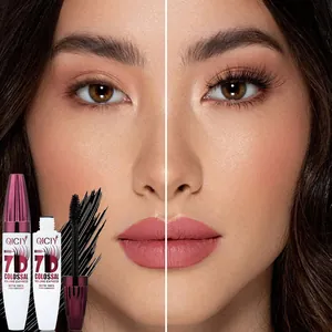 Comparison of QICIY 7D volumizing and curling waterproof black mascara before and after use.
