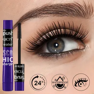 Close-up detail of mascara wand and application showing 24h waterproof lengthening effect