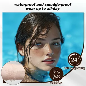 Waterproof and smudge-proof freckle pen makeup effect shown in a pool setting