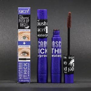 Close-up detail of QICIY waterproof mascara tube, applicator brush and packaging.