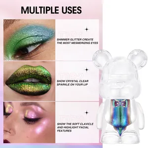 Irisierender Chamäleon-Flüssiglidschatten in Bärenflasche mit drei Make-up-Tipps.