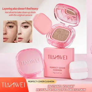 TIANWEI Perfect Cover Cushion Foundation Langanhaltende Ölkontrolle Concealer Aufhellendes Natürliches Nude Makeup Rosa Quadratisches Gehäuse
