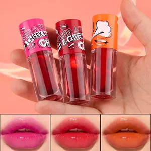 Three-color lip tint set with pink red and orange shades in gel texture for smooth lips.