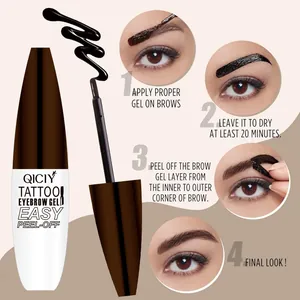 Step-by-step tutorial showing QICIY peel-off tattoo eyebrow gel application steps