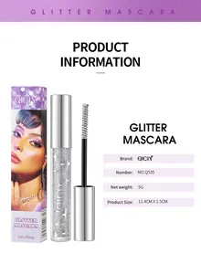 Detailed QICIY glitter mascara product specifications including net weight and size info.