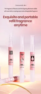 Detail shot of four FORMBO portable solid fragrance pens with 5ml labels in soft pink lighting.