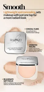 Close-up detail of lightweight soft focus setting powder compact with a smooth silver finish