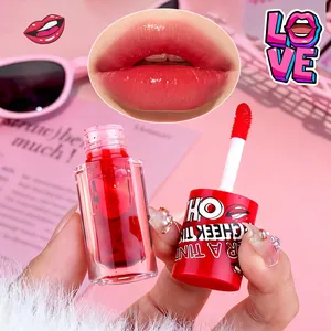 Close-up detail of red gel lip tint with applicator showing glossy hydrating lip effect