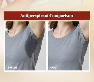 Vorher-Nachher-Vergleich der Deodorant-Wirkung auf grauem T-Shirt im Achselbereich.