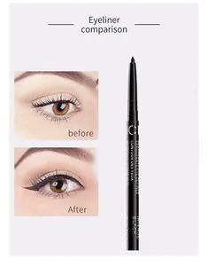 Comparaison d'eye-liner détaillée montrant l'effet avant et après avec un crayon de maquillage noir.