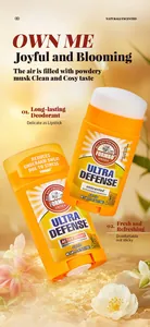 Nahaufnahme von FORMBO Ultra Defense Deosticks in orangefarbener Verpackung mit Blumen.