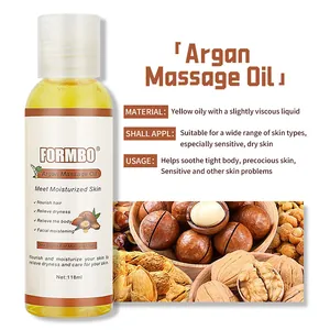 Detalle de aceite de masaje de argán FORMBO con ingredientes naturales y beneficios