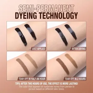Step-by-step peel-off eyebrow tint application on skin for long-lasting color results.