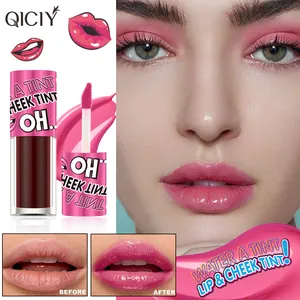 Detailed view of QICIY pink lip and cheek tint with before and after results