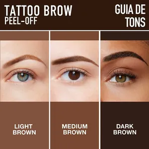 Shade guide for peel-off eyebrow tattoo tint in light, medium, and dark brown