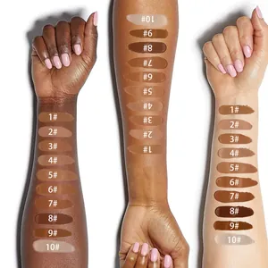 Professional liquid foundation swatches 1-10 displayed on three diverse skin tones