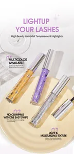 Detailed view of three shimmering glitter mascara tubes in gold, purple and silver colors