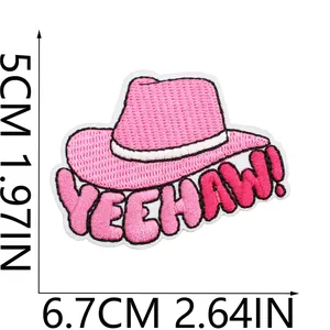 Close-up of pink cowboy hat embroidered patch with YEEHAW text and dimensions
