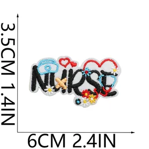 Detailed embroidered nurse patch with medical icons showing dimensions 6cm x 3.5cm for clothing
