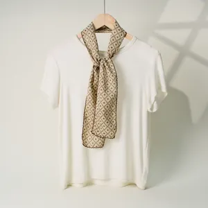 Women Japanese Style Floral Print Scarf Polyester Skinny Scarf Retro Clover Plaid Pattern Decoration Neck Tie Thin Scarf