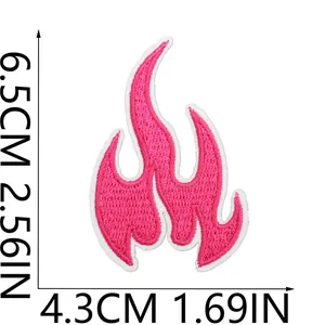 Detail view of pink flame embroidery patch showing dimensions 6.5cm x 4.3cm size