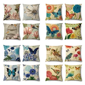Funda de Cojín de Lino Retro Americano Patrón de Mariposa Pájaro Floral Vintage Funda de Almohada Cuadrada Decorativa