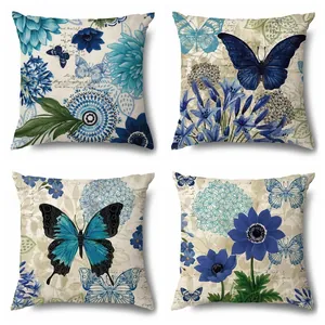 Juego de 4 fundas de cojín de lino vintage con mariposas azules y flores decorativas