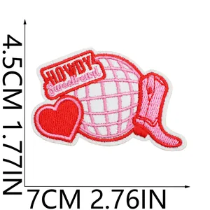 Detailed size measurements for the pink cowboy boot disco ball embroidered patch