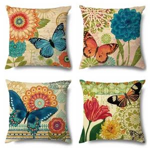 Set de 4 fundas de cojín de lino vintage con estampados de mariposas y flores decorativas