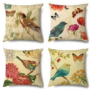 Juego de 4 fundas de cojín de lino con pájaros y mariposas de estilo vintage