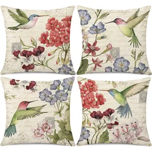 Juego de 4 fundas de cojín de lino vintage con colibríes y flores para decoración